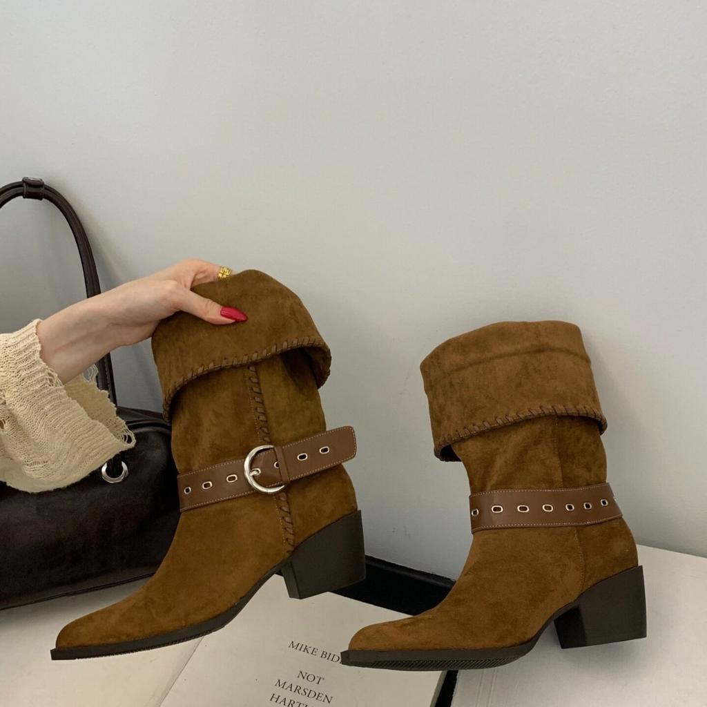 ShanGguLi French thick heel belt buckle thin boots women's autumn new temperament versatile fashion short boots