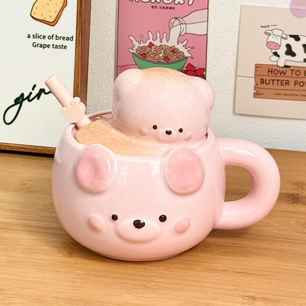 Cute Bear Ceramic Mug, Birthday Gift Cup, Gift Box for Girlfriends, Water Cup, Household Couple Cup with Lid