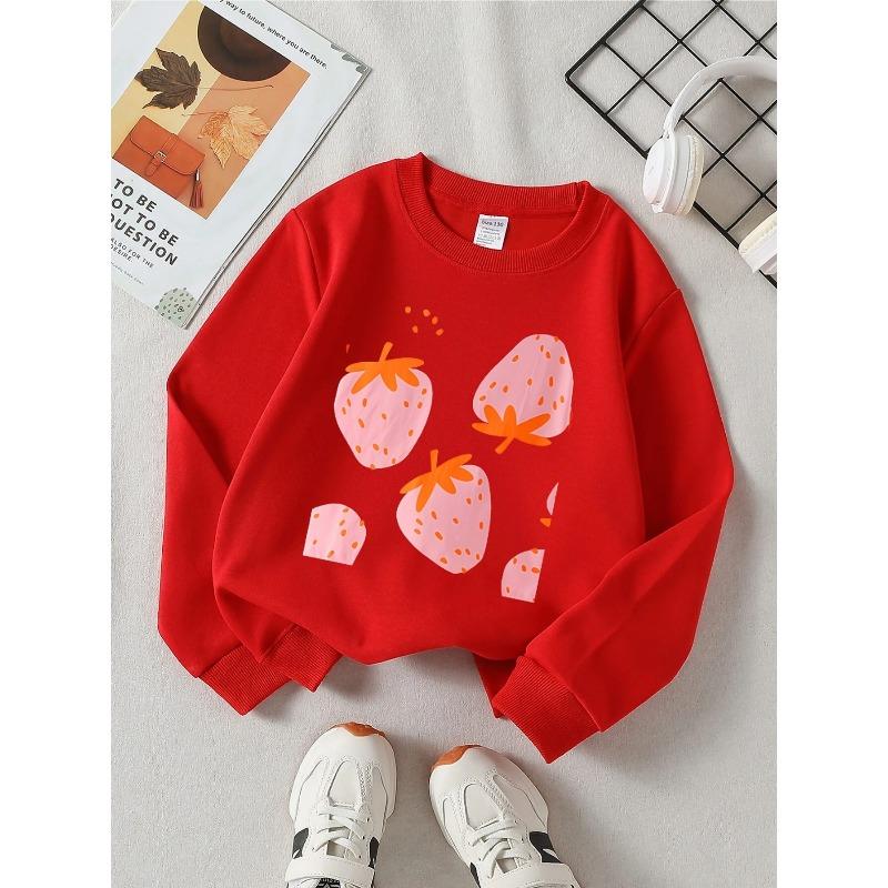 European sizes Kids' Crewneck Sweatshirt - Pink Strawberries with Orange Seeds , Sportswear And Casual Wear, Soft And Comfortable, Children's Clothing