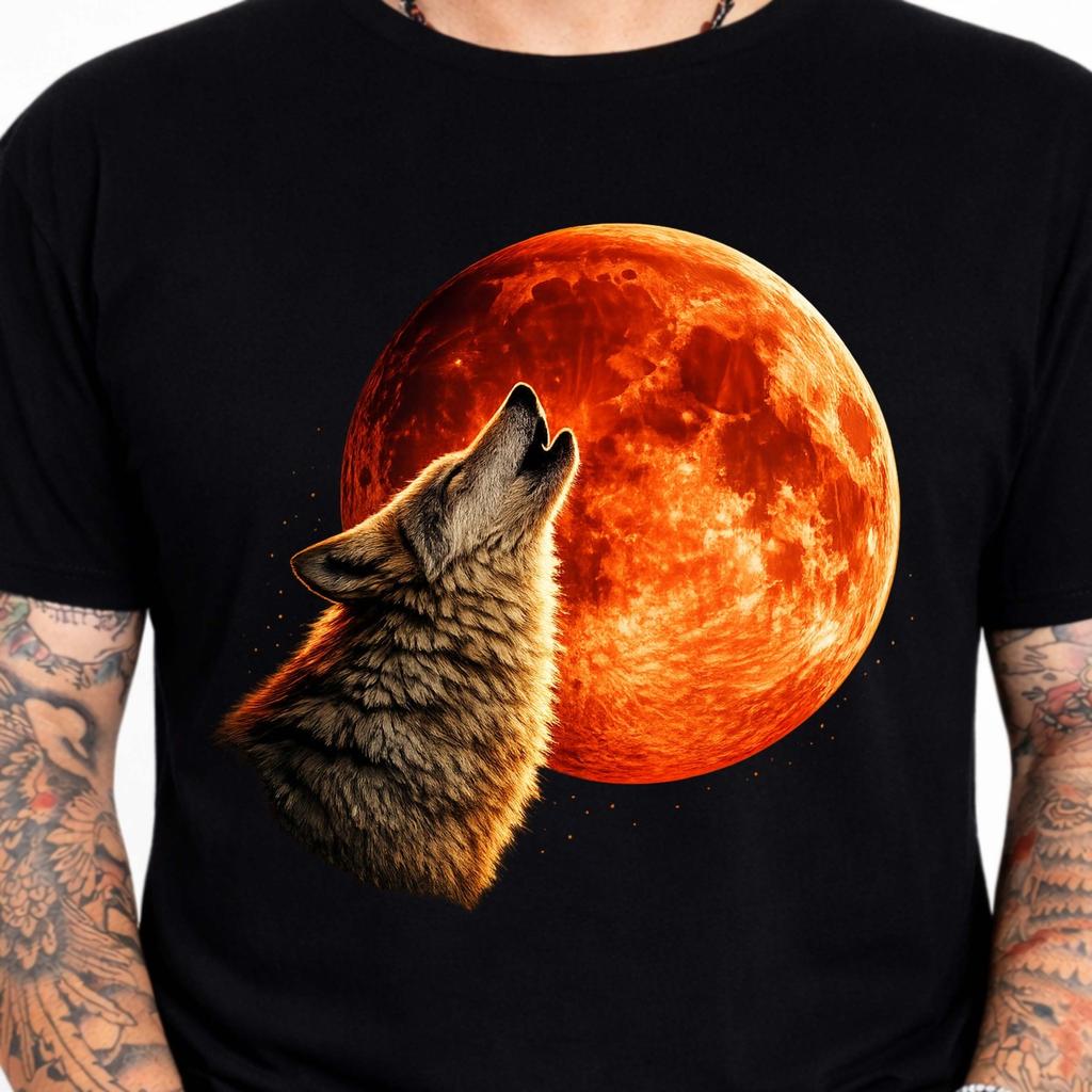 Howling Wolf Blood Moonlit Eclipsed Wildlife Animal Arts Novelty Graphic T-Shirt