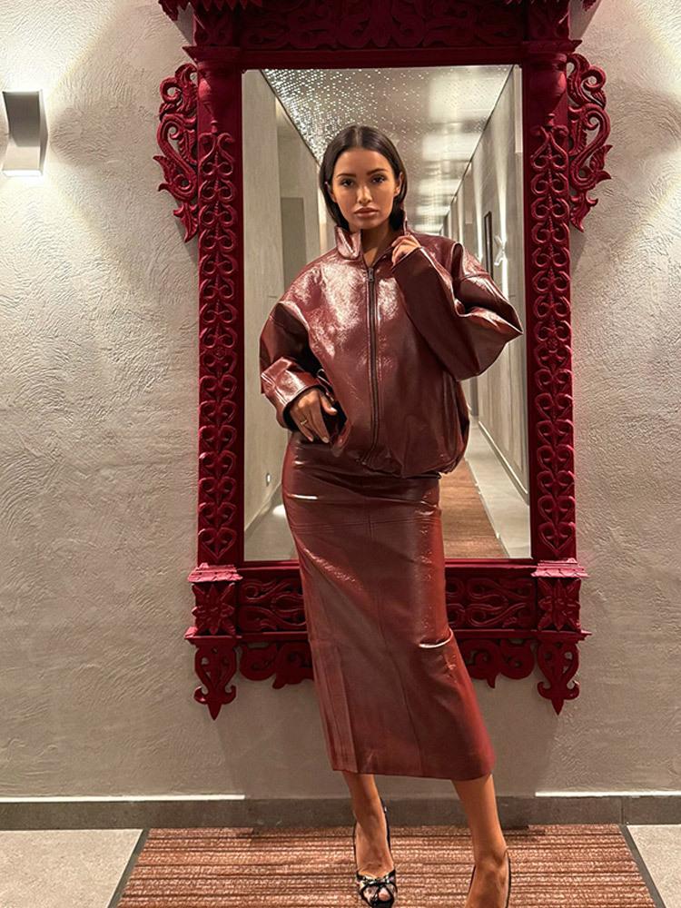 Ensemble Veste Col Montant en Cuir PU et Jupe Mi-longue pour Femmes Automne/Hiver 2025 - Bestseller Couleur Unie