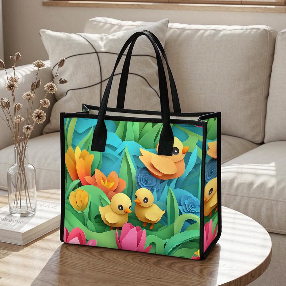  Cute Duck Floral Print Tote Bag Casual Large Capacity Fashion Shopping Handbag for Daily Use