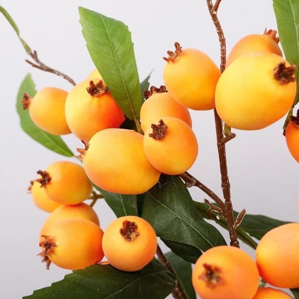 Green Leaves Artificial Loquat Fruit Branch Luxury Faux Loquat Simulation Fruit Tree Realistic Plastic Fake Plants