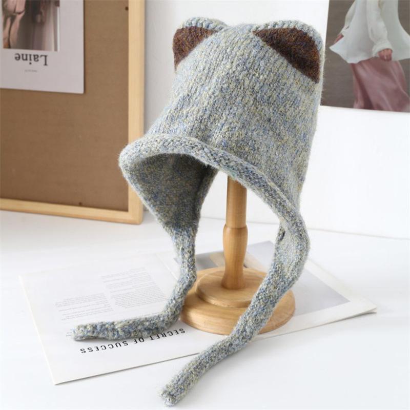 Korean ins wind cat ears knitted hat balaclava hat women's warm and cold ear protection wool hat
