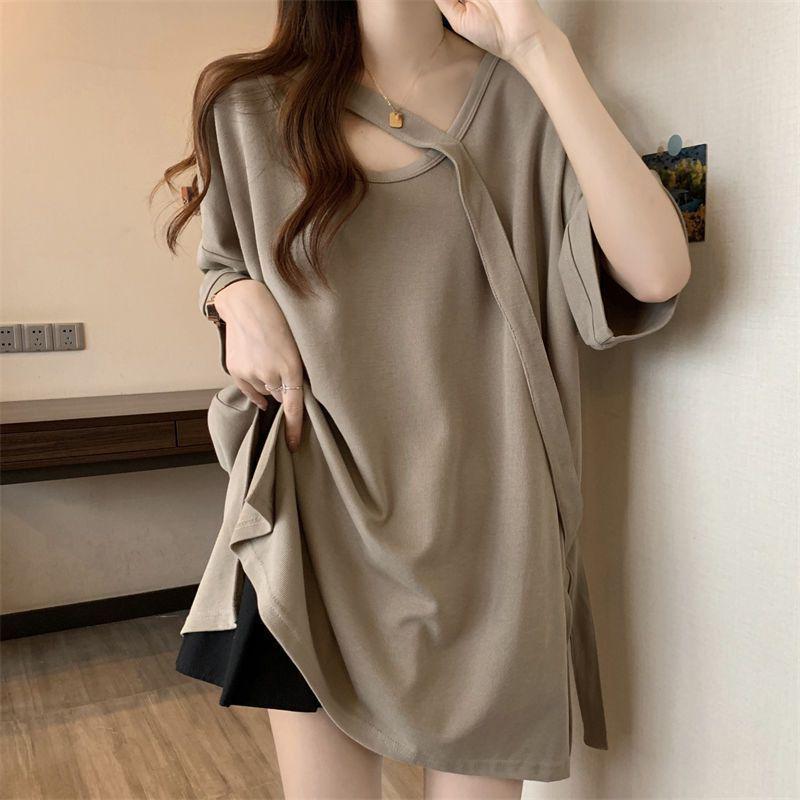 Women's Plus Size Medium-Length Short-Sleeve T-Shirt, Loose Slimming Fit with Drop Shoulder Sleeves - Summer Base Layer Top