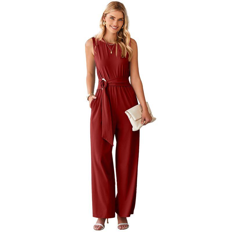 

American Shiying Elegant Lace-up Wide Leg Jumpsuit Women 2025 Summer New round Neck Sleeveless Jumpsuit Women Red P603 Size M fit (55.00 kg-62.50 kg