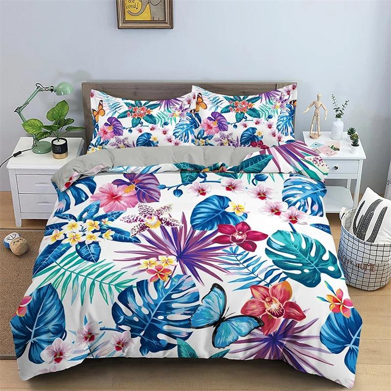 Tropical Plant Bedding Set Green Leaves Duvet Cover with Zipper Closure Comforter Cover Queen King Full Polyester Quilt Cover