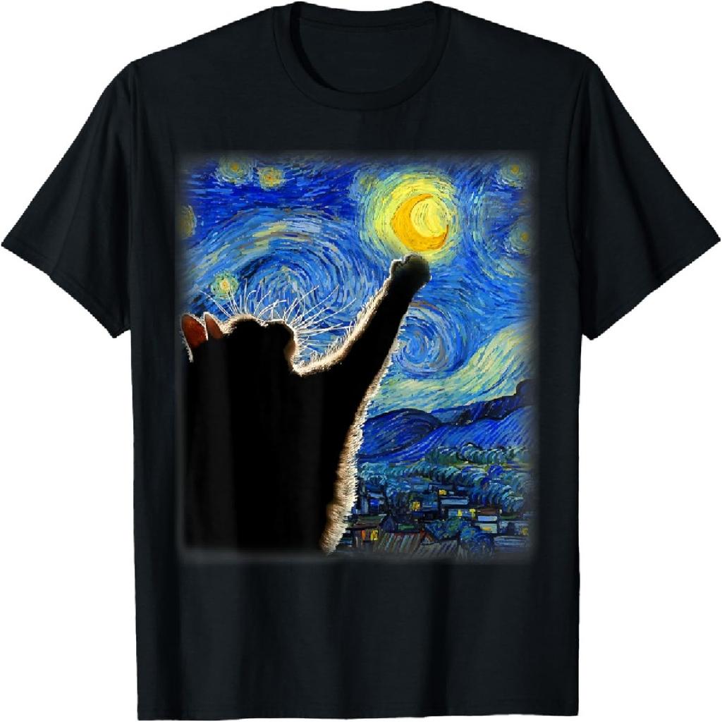 Van Gogh Starry Night Cat T-Shirt - Classic Fit, Cat Lover_Mom_Dad Gift, Black Crew Neck