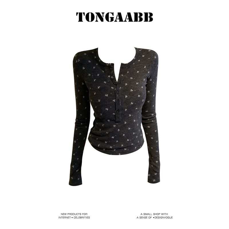 Tongaabb Korean-Style Lazy Floral Print Brushed Henley Collar Long-Sleeve Knit Sweater for Women, Spring and Summer Base Layer Top Charcoal Gray Floral Print S