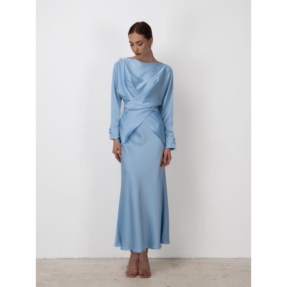 Women's Loose Skirt Suit Long Sleeve Blouse Elastic Waist Mermaid Skirt Satin Solid Elegant Two Piece Party Matching Set