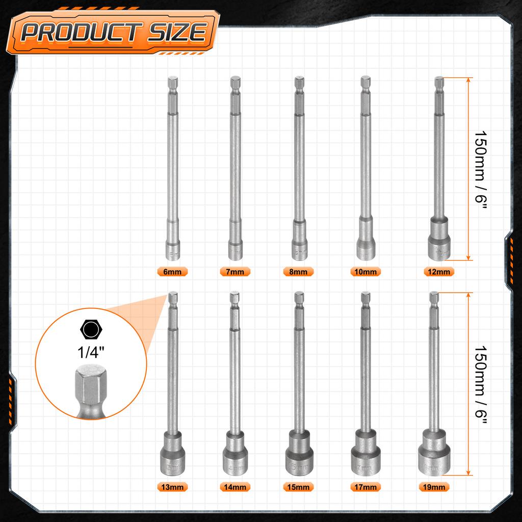 3-15pcs Nut Driver Drill Bit Set 5.5-19mm Metric Impact Socket 1/4" Hex Shank 6" (150mm) Extra Long Magnetic 6-Point Sockets