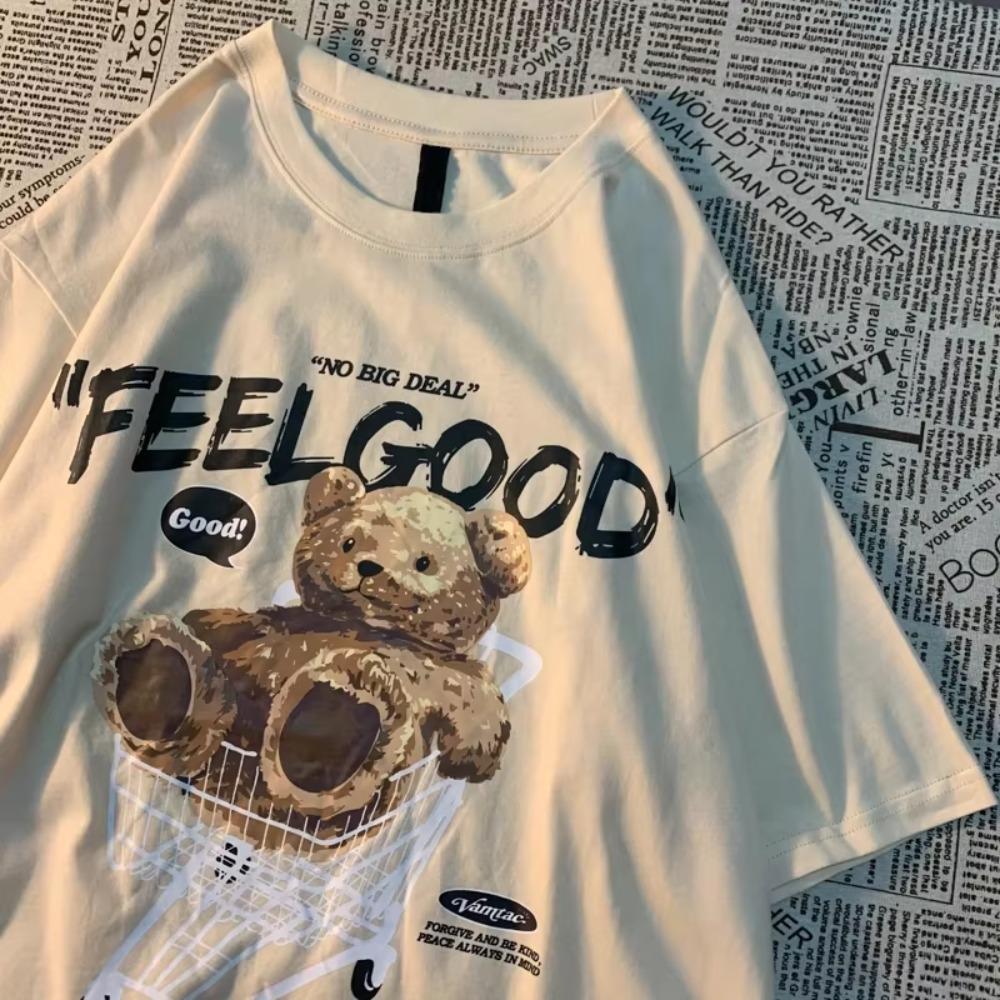 Original American Retro Teddy Bear Print Short Sleeved T-shirt For Men Women Couple Fashion Label Harajuku Pure Cotton Tee