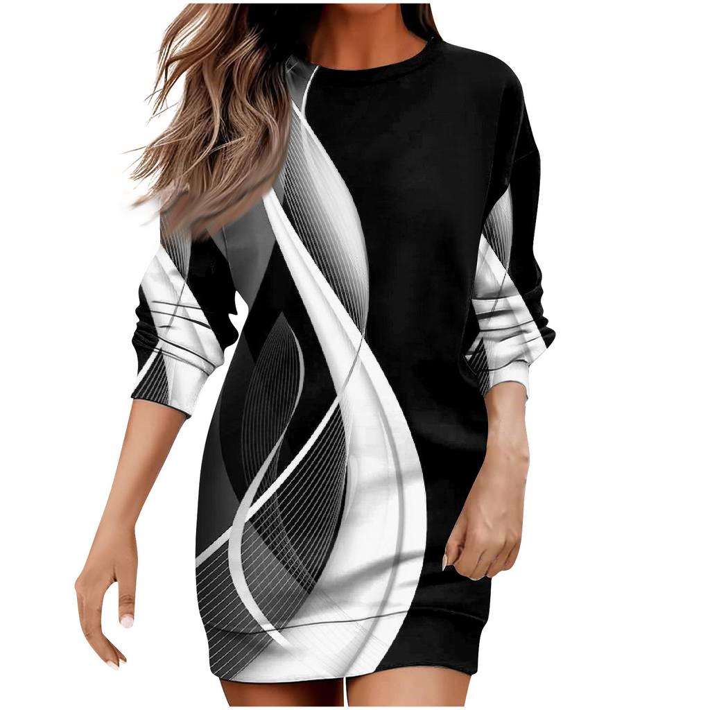 Ladies Casual Fashion Round Neck Floral Print Long Sleeve Midi Dress