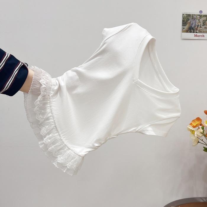 Special #pure desire wind V-neck short-sleeved T-shirt women s summer lace splicing hem design top S