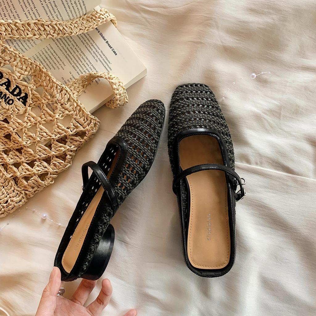 Sheepskin Grape Mother Baotou Slippers Women's Retro Woven Hollow Square Head One-word Thick Heel Muller Half-drag Empty Single Shoes