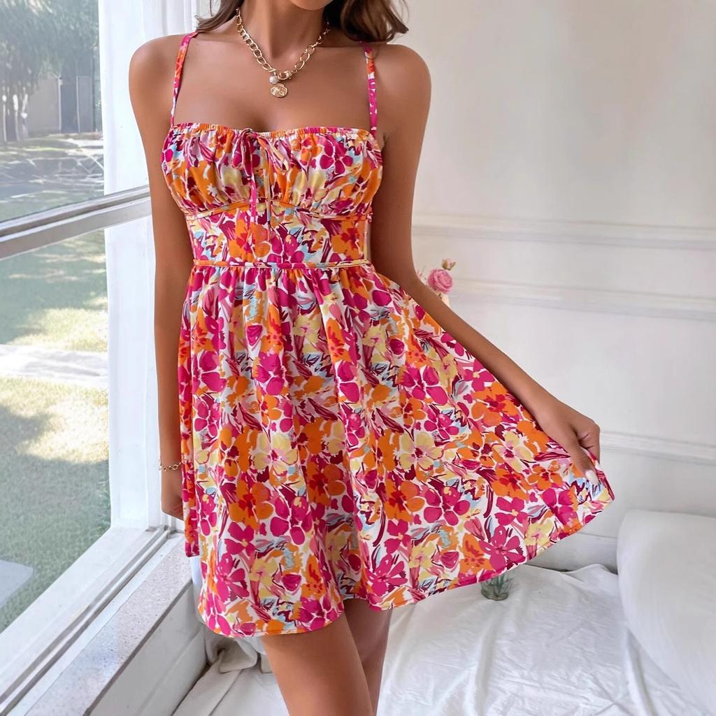 TK Women's Vacation Style Dress Spring and Summer New Seaside Vacation Floral Square Collar Suspender Dress