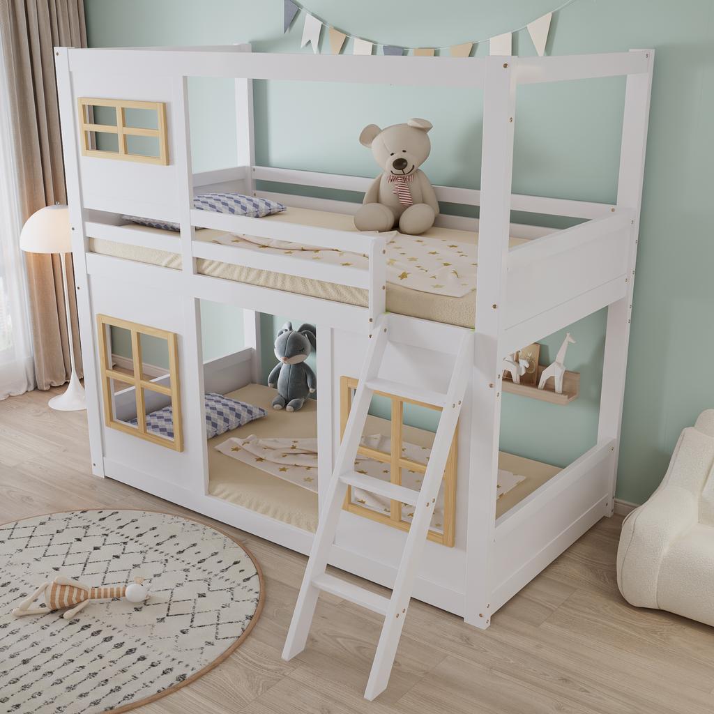 Bunk Bed, Children's Bed, With Beautiful Windows, Sturdy Ladder, With Four-Sided Fencing, Pine + MDF + Plywood, White+Natural, 90x200cm