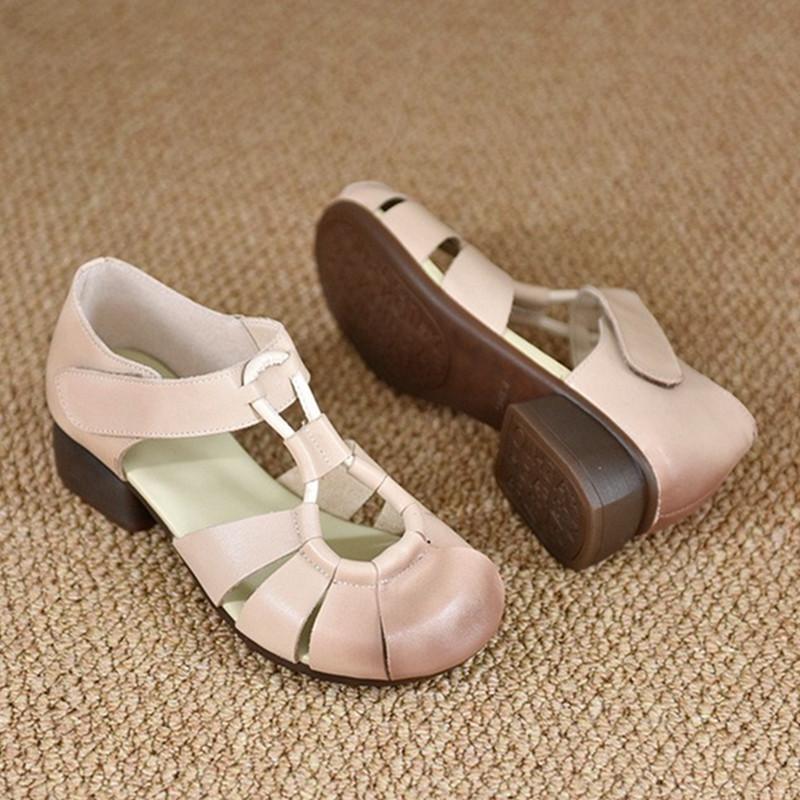 Leather Roman sandals women's summer 2025 new thick heel bag head hollow women's shoes low heel mother shoes hole shoes women