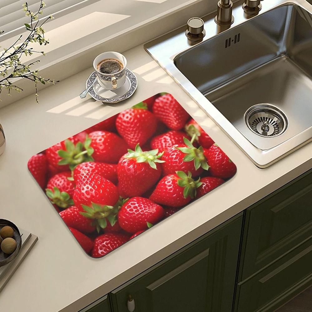 Red Strawberry Dish Drying Mat Coffee Mat Under Coffee Maker Espresso Machine with Non-Slip Rubber Backed Coffee Mat for Draining Racks