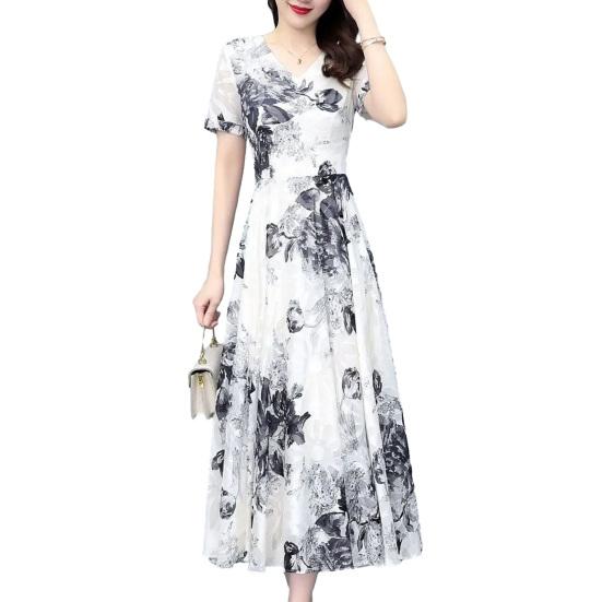 Women's Summer Flowy Chiffon Maxi Dress Casual Short Sleeve V Neck Long Dress Boho Floral Beach Sundress