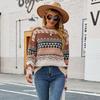 Podzimní a zimní dámský svetr retro vzor Diamond Jacquard Vícebarevný pletený svetr Volný svetr s kulatým výstřihem