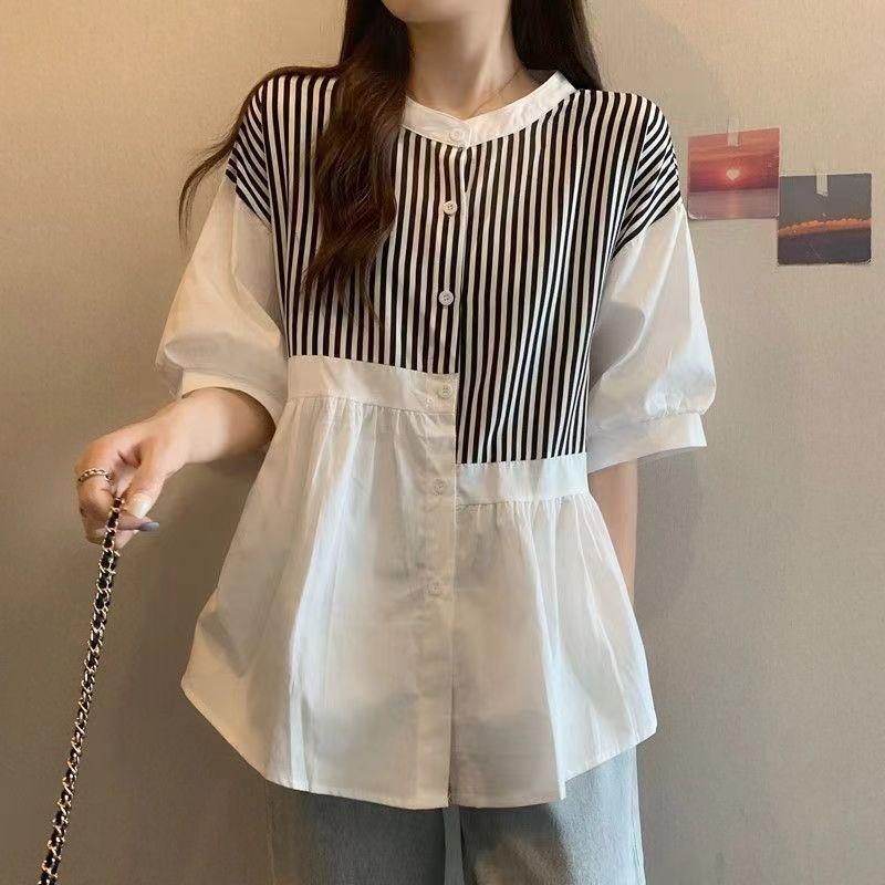 Ladies  Irregular Striped Shirt Women s Round Neck Short Sleeved Blouse Summer New Korean Style Loose Versatile Top M