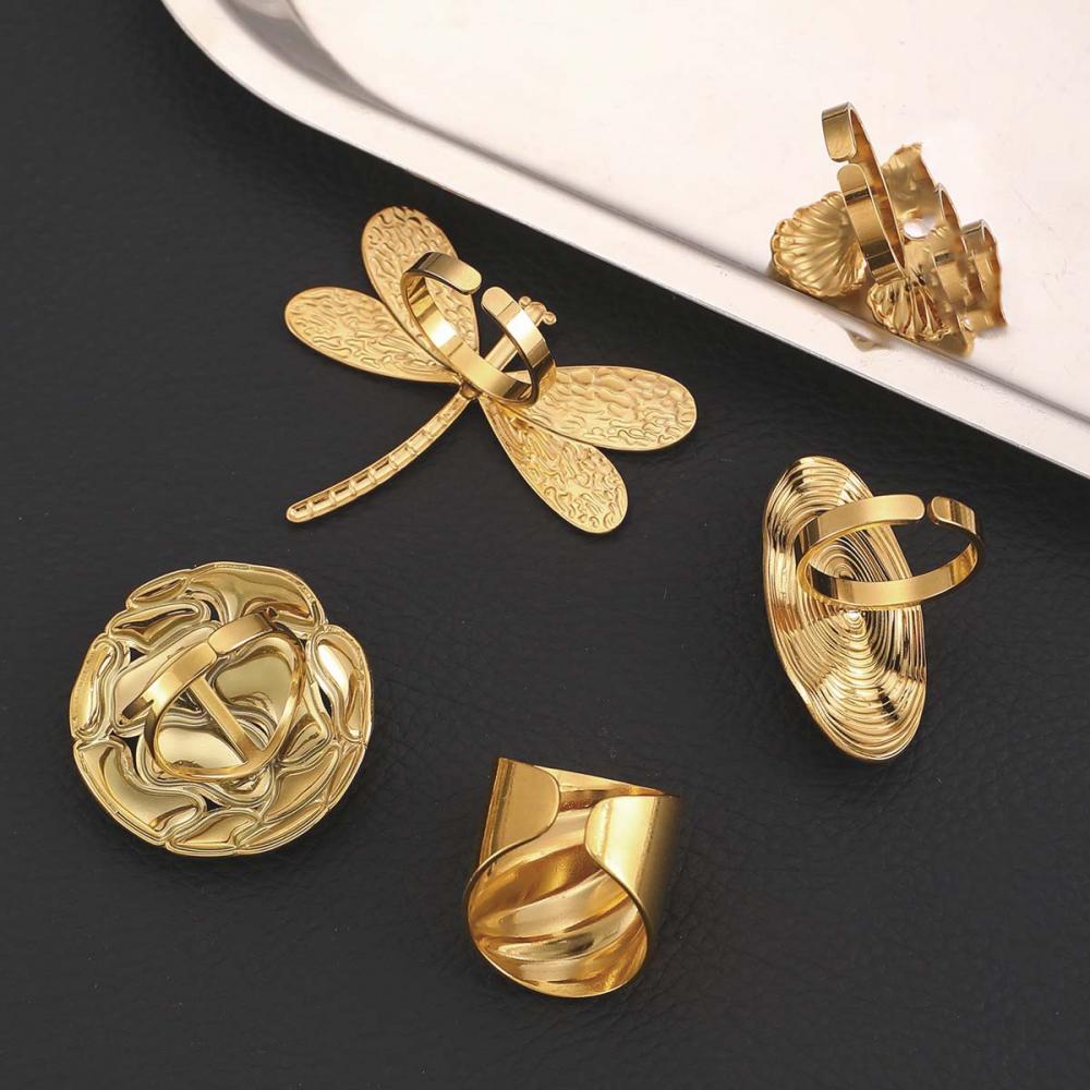 Stainless Steel Dragonfly Rings for Women Men Vintage Gold Color Pearl Flower Rings Waterproof Wedding Party Jewelry Gift
