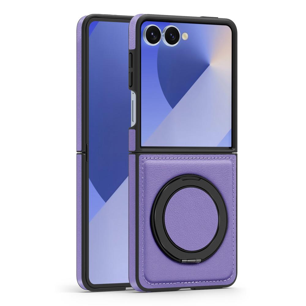 KEYSION 360° Rotating Magnetic Ring Stand PU Leather Case for MagSafe for Samsung Z Flip 7 5G 7 SE Wireless Charging Phone Cover