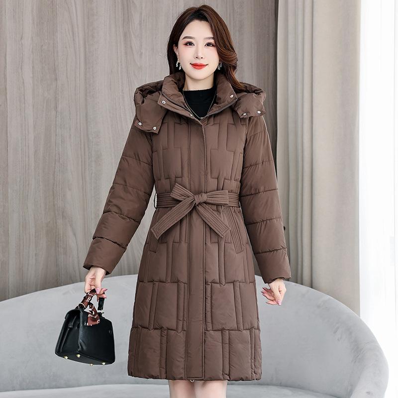 Down cotton jacket women's 2025 winter new Korean cotton jacket waist-cinched mid-length thickened slimming hooded jacket