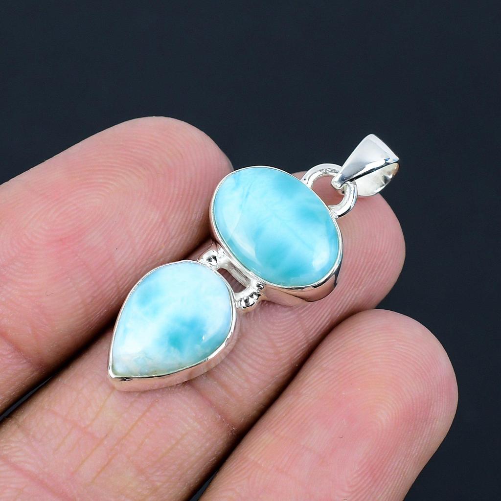 Natural Larimar Gemstone Pendant, 925 Sterling Silver, Handmade Two Gemstone Pendant Jewelry, Valentine's Day Gift For Her
