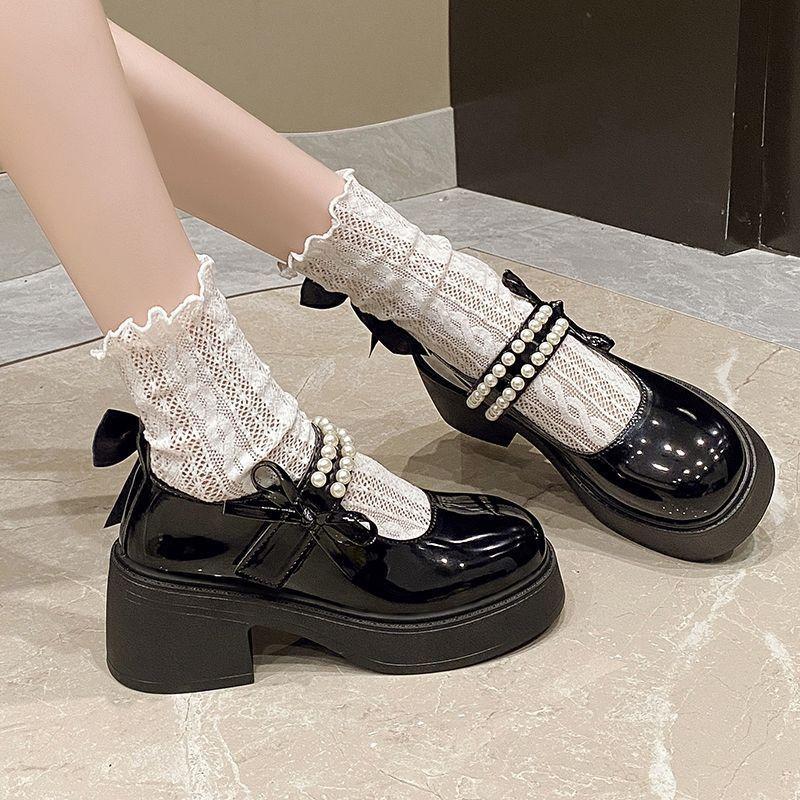 2025 New Retro Spring Sweet Korean Skirt Mary Jane Shoes Women's French Fairy Pearl Platform Single Shoes Leather Shoes