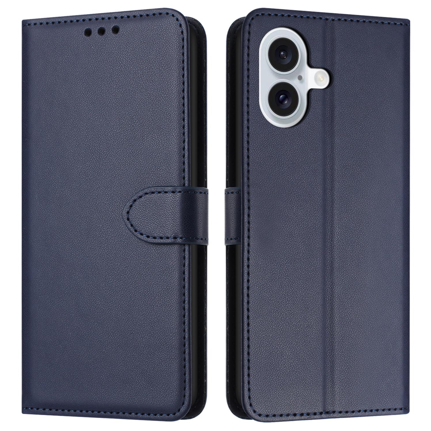 

For iPhone 16 Plus Wallet Phone Case Leather Stand Cover with Strap Blue