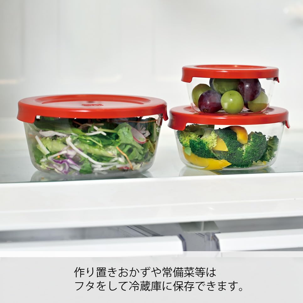 HARIO Glass Storage Dishwasher Made in Set of 3 Heat-Resistant Containers, Round, S/M/L Sizes, Red, Safe, Japan, MST-3018-R,