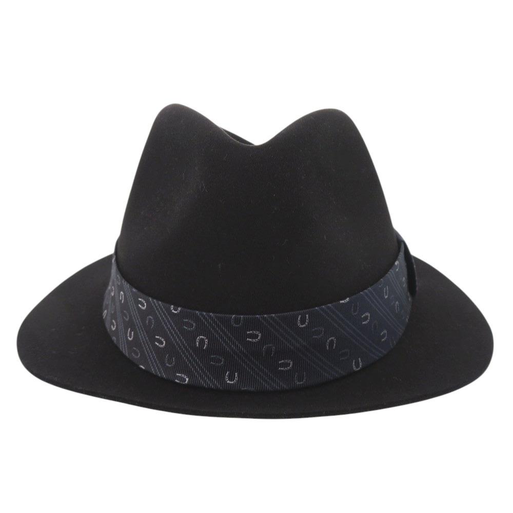 Used AUTHENTIC HERMES Felt Fedora Hat Size 59 Black Blue Silk Leather