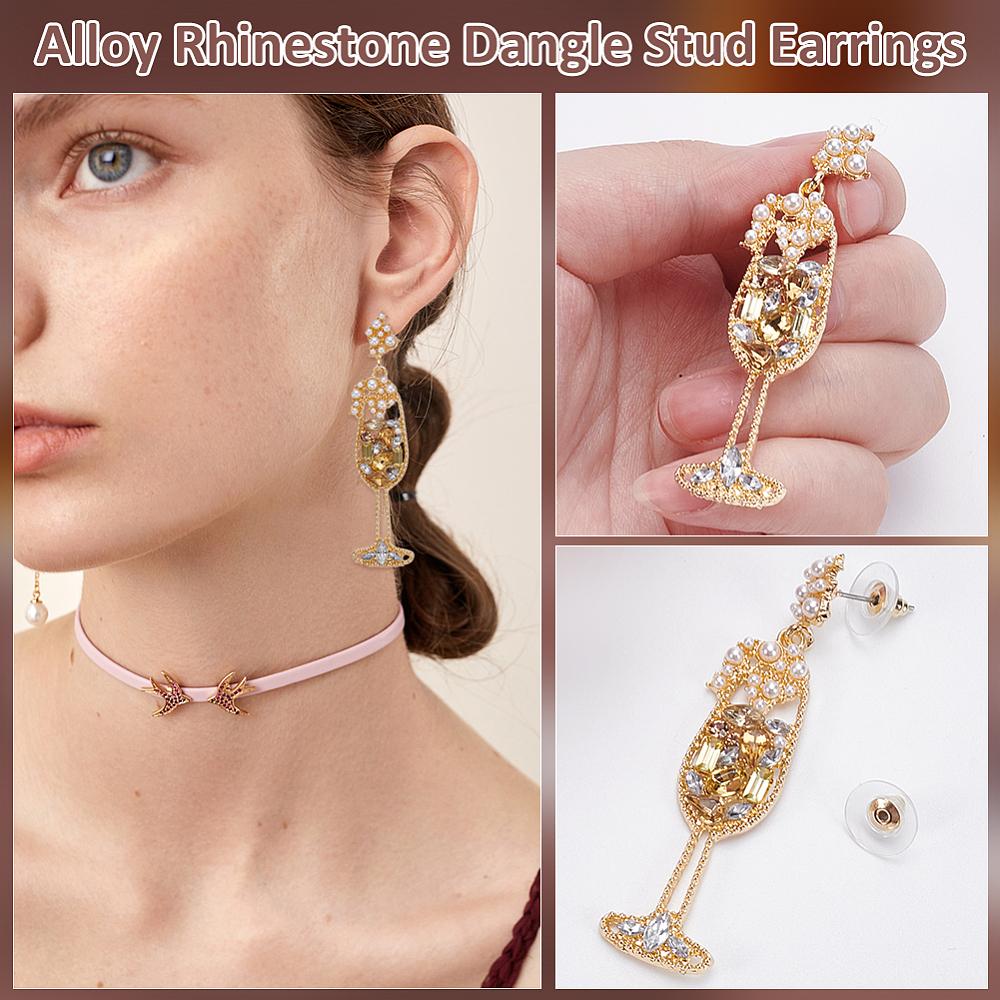 1Pair Alloy Rhinestone Dangle Stud Earrings, with Plastic Imitation Pearl, Wine Glass , Golden, 63.5x14.5mm