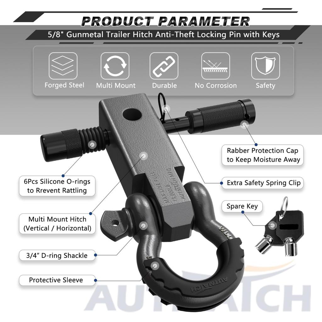 AUTMATCH Schäkel Anhängerkupplungsaufnahme mit und Schäkeln und Anhängerkupplungsschloss Fahrzeugbergungsempfänger-Kit mit einem kg Bruch Gunmetal Grau 2" 7" D-Ring 6"