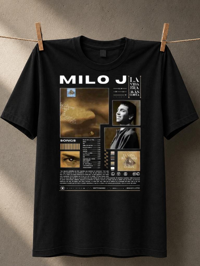 Milo J La Vida Era Mas Corta Music Collage With Portrait Frames Song List And Golden Brown Layout Unisex All TShirt