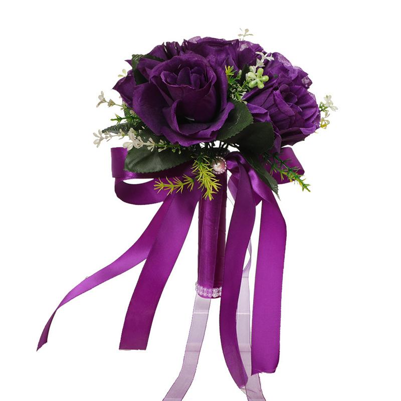 1pc Holding Flowers Artificial Natural Rose Wedding Bouquet With Silk Satin Ribbon Bridesmaid Bridal Party Wedding Accessories