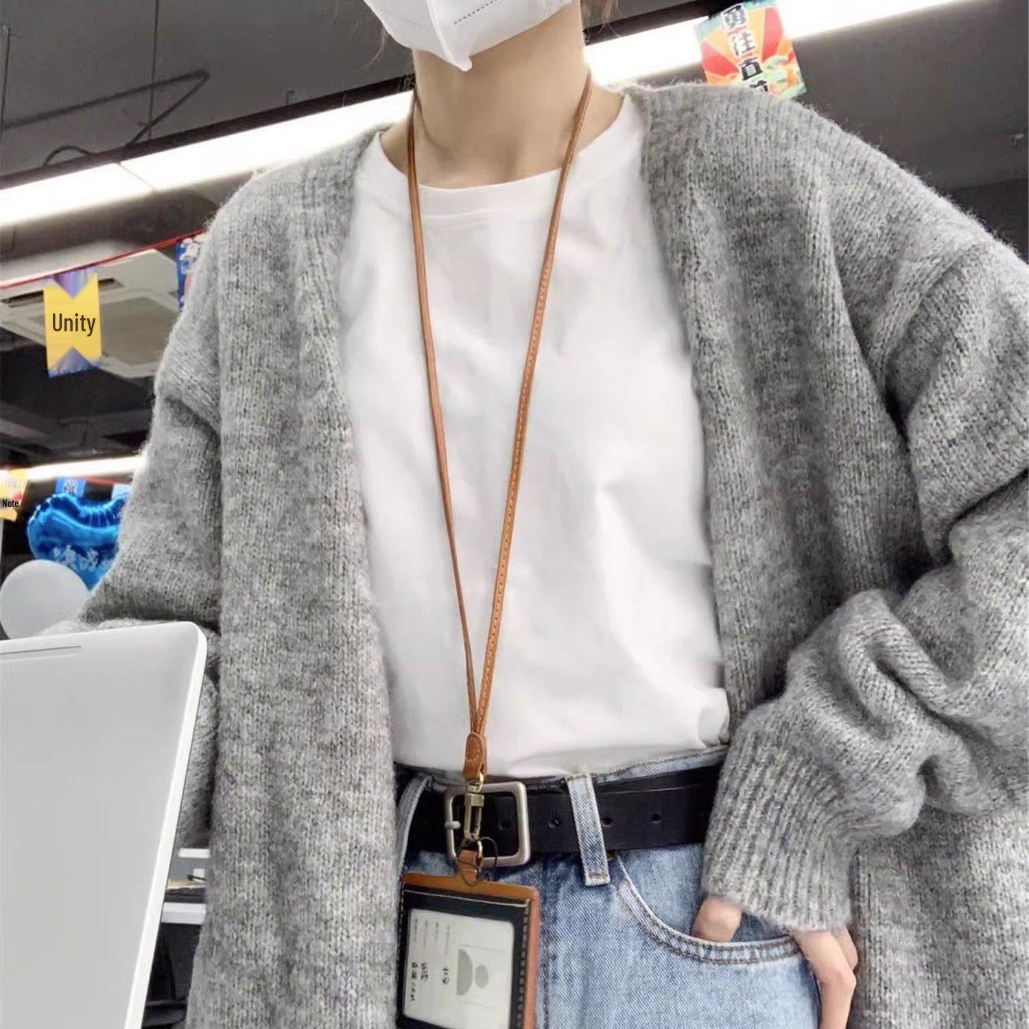 

Серый вязаный кардиган выше колена для женщин - Свободная, универсальная верхняя одежда в корейском стиле для осени и зимы S (80-95 jin) хаки