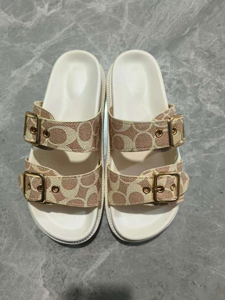 2025 new thick-soled cool slippers women's foreign trade large-size one-word with double buckles, light and non-slip European and American outer