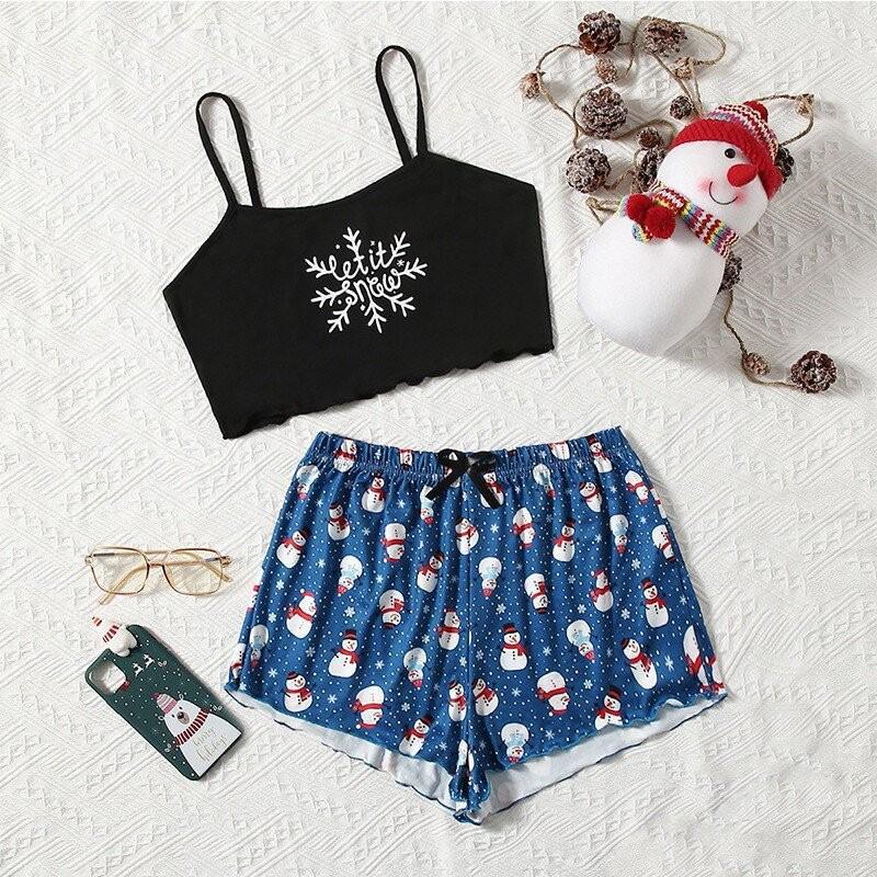 Women's Christmas Pajama Set: Snowflake & Deer Camisole Tank Top with Shorts