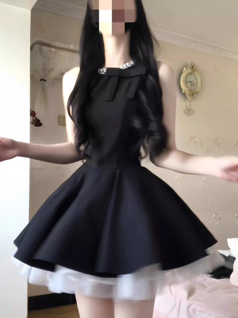 French rich daughter black vest dress women's summer Hepburn style birthday dress princess fluffy dress