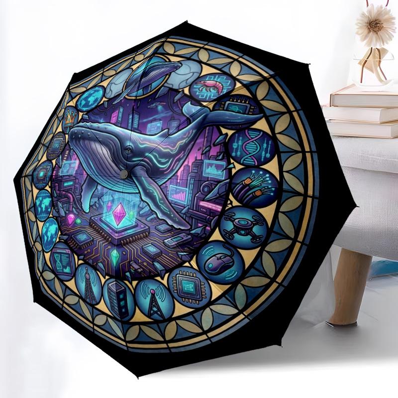 Whale Tech Glass Pattern Umbrella, Portable and Foldable Design, 8 Ribs, a Casual Accessory for Halloween, Christmas, and Birthday Gifts.