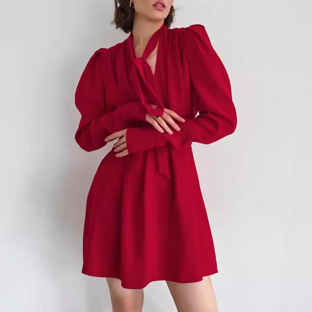 French Temperament Daughter Style Autumn V-neck Bubble Sleeve Dress European and American Long-sleeved Chiffon Short Skirt Women