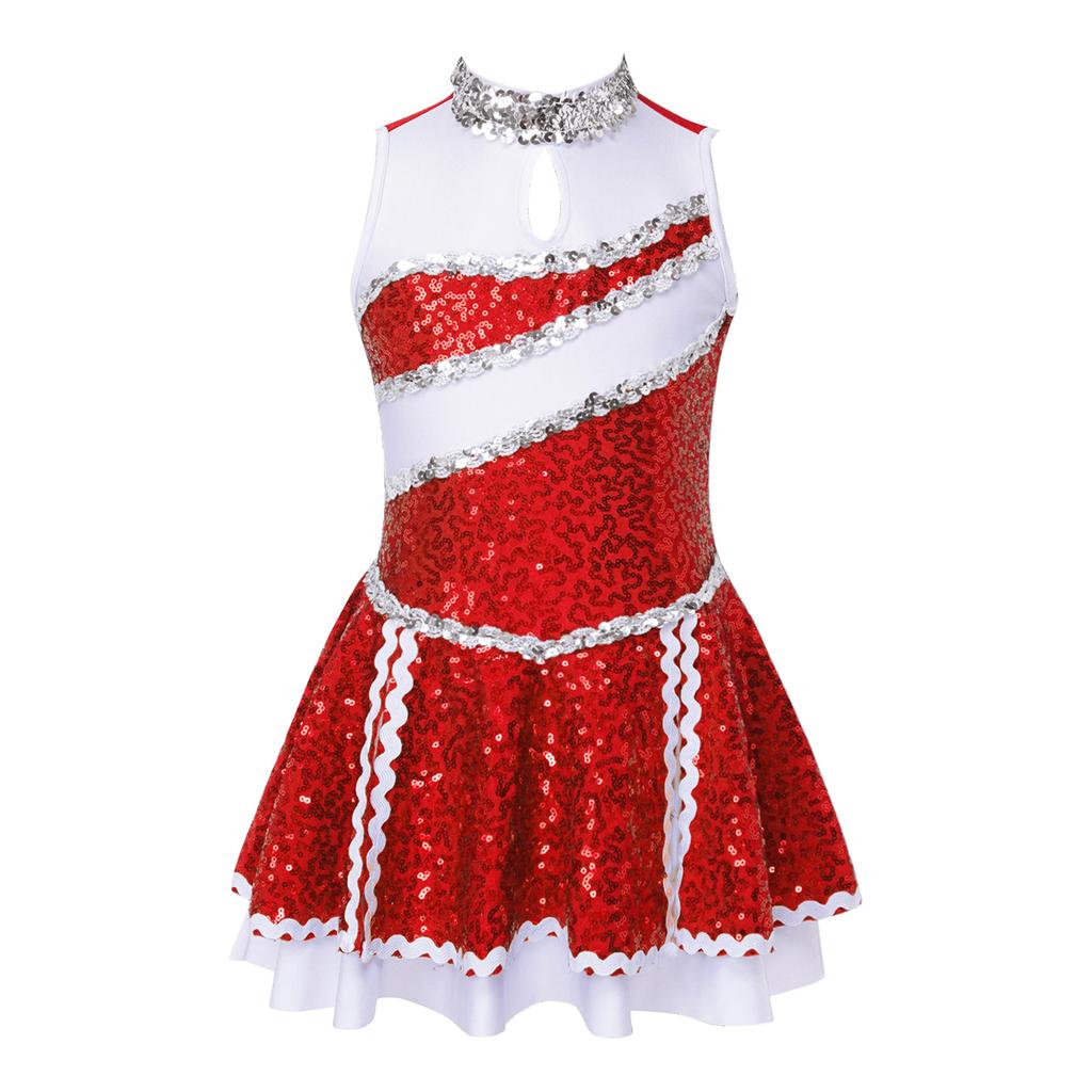 Girls Cheerleading Dress Sleeveless Round Collar Shiny Sequins Patchwork Design with Hidden Back Zipper Dance Costume