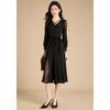 Women's Black Hollow-Out Lace Trim Long Sleeve Midi Dress