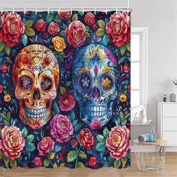 Floral Skull Shower Curtain Red Rose Flowers Skeleton Horror Halloween Bath Curtains Polyester Home Bathroom Decor with Hooks