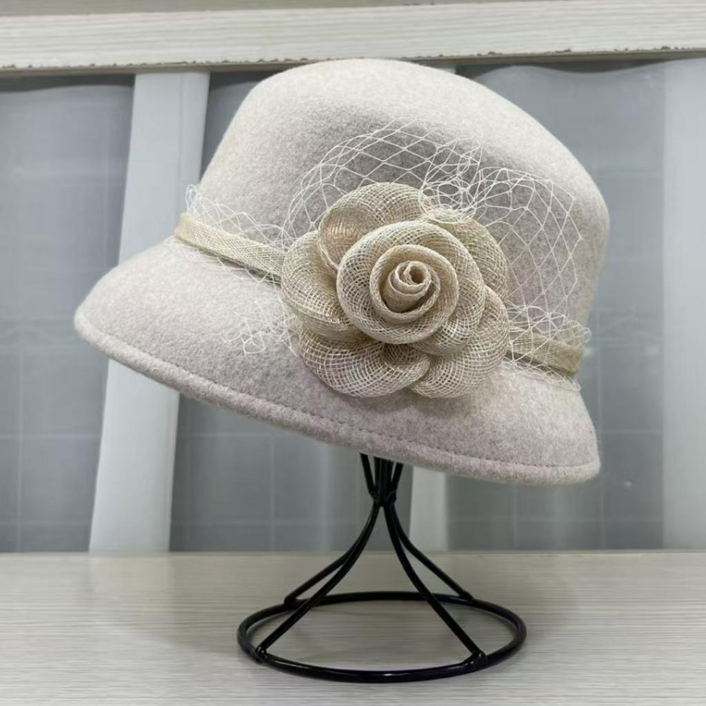 French Romantic Wool Top Hat Women's Autumn and Winter Thermal Basin Hat Celebrity Elegant Felt Hat Hepburn Wind Bucket Hat Lampshade Hat