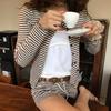 Korean Autumn Striped Two-Piece Set: Round Neck Button-Down Long Sleeve Top & Low Rise Shorts for Women