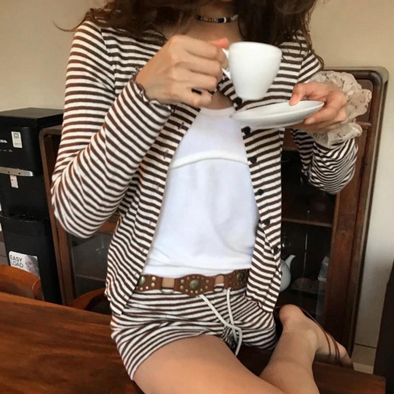 Korean Autumn Striped Two-Piece Set: Round Neck Button-Down Long Sleeve Top & Low Rise Shorts for Women